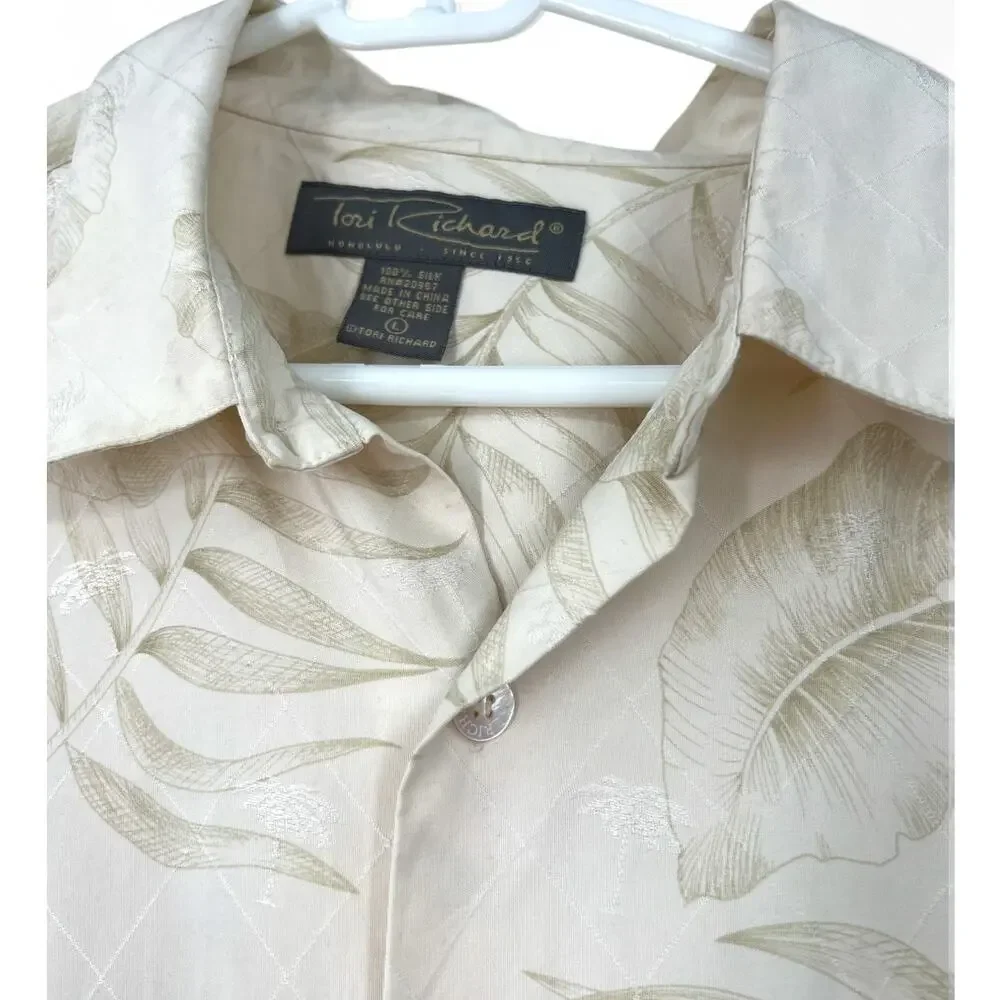 Tori Richard L Pure Silk Embossed Damask Button Up Mens Shirt Tropical Palm Tree - Picture 2 of 4
